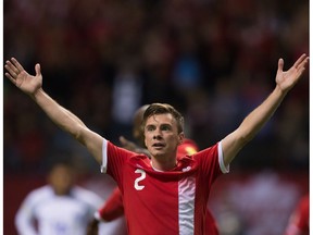 Canada's Nik Ledgerwood celebrates his goal against El Salvador during second half FIFA World Cup qualifying soccer action in Vancouver, B.C., on Tuesday September 6, 2016. Ledgerwood has re-signed with FC Edmonton for another season.