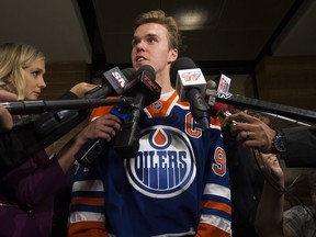 Connor McDavid speaks to the media after being named team captain of the Edmonton Oilers, at Rogers Place in Edmonton on Wednesday Oct. 5, 2016.