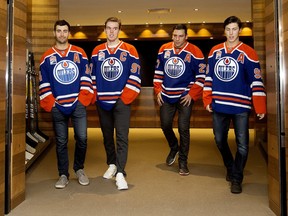 (left to right) Jordan Eberle, Connor McDavid, Milan Lucic , and Ryan Nugent-Hopkins walk out of the Oilers' dressing room following an Edmonton Oilers' practice at Rogers Place, in Edmonton on Wednesday Oct. 5, 2016. On Wednesday McDavid was named team captain while Eberle, Lucic, and Nugent-Hopkins were all named assistant captains. Photo by David Bloom Photos off Edmonton Oilers practice for Jim Matheson, Robert Tychkowski copy in Oct. 6 editions.