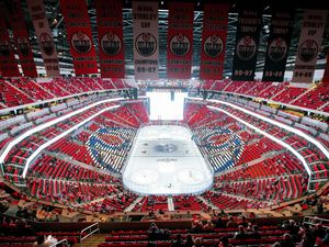 The Edmonton Oilers' championship banners hang from the rafters at Rogers Place before the start of the Oilers and Calgary Flames game, in Edmonton on Wednesday Oct. 12, 2016. Photo by David Bloom Photos off Oilers game for multiple writers copy in Oct. 13 editions.