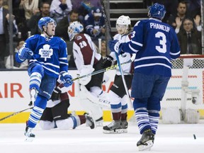 Toronto Maple Leafs right wing P.A. Parenteau (15) celebrates after scoring against Colorado in November 2015.