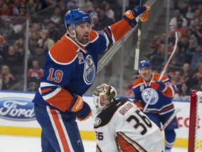 Patrick Maroon (19) of the Edmonton Oilers , scores in the first period on goalie John Gibson (36)of the Anaheim Ducks at Rogers Place on October 4, 2016 in Edmonton.