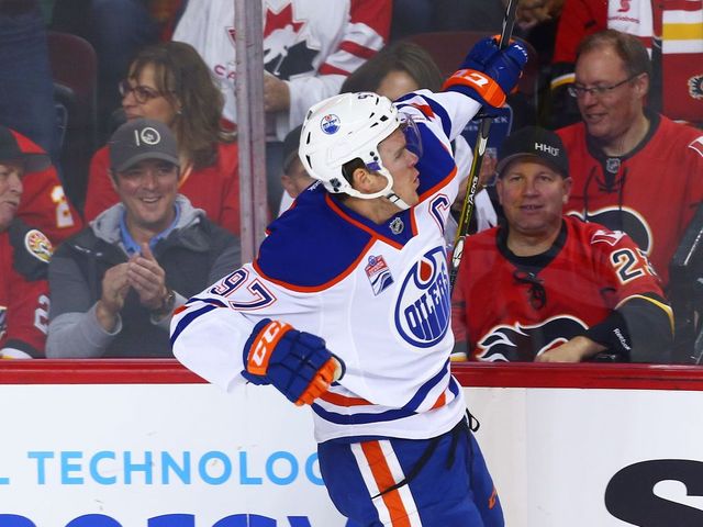 Edmonton Oilers Connor McDavid celebrates after scoring against the Calgary Flames in the first period during in Calgary on Friday, October 14, 2016. 
