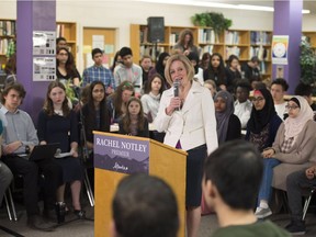 Premier Rachel Notley took questions from students on climate change leadership at Queen Elizabeth High School on March 16, 2016. The virtual town hall with about 3,000 students was video linked with schools across Alberta.
