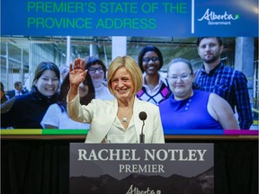 Premier Rachel Notley delivers her State of the Province speech in Calgary on Oct. 19, 2016.