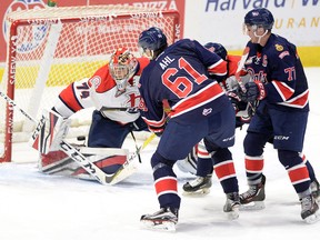 Regina Pats Filip Ahl scores on Lethbridge Hurricanes goalie Stuart Skinner during WHL action Oct. 18, 2016, at the Brandt Centre in Regina.