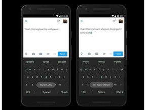 Side by side examples of positive and negative text as flagged by the Sentiment Keyboard.