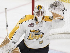 Brandon Wheat Kings goaltender Jordan Papirny makes a glove save during a WHL game between the Edmonton Oil Kings and the Brandon Wheat Kings at Rogers Place in Edmonton, Alberta on Tuesday, October 25, 2016. Ian Kucerak / Postmedia Photos off Oil Kings game for Oct. 26 editions.