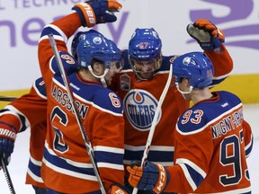 Edmonton's Benoit Pouliot (67) celebrates a goal with teammates during the second period of a NHL game between the Edmonton Oilers and the Washington Capitals at Rogers Place in Edmonton, Alberta on Wednesday, October 26, 2016. Ian Kucerak / Postmedia