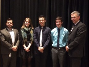 The Edmonton Public School Board swore in three student trustees on Tuesday, Oct. 4. School board chair Michael Janz (from left) welcomed McNally student Molly French, Old Scona Academic student Andrew Li and Harry Ainlay student Jacob Dunn as trustees for the 2016-17 school year. Superintendent Darrel Robertson is at right.