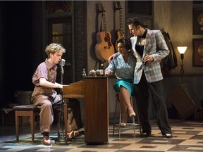 Christo Graham as Jerry Lee Lewis and Christopher Fordinal as Elvis, with Vanessa Sears in Million Dollar Quartet, at the Citadel Theatre.
