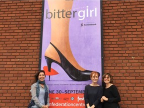 Annabel Fitzsimmons, Mary-Francis Moore, and Alison Lawrence, the creators of Bittergirl the Musical, in front of Confederation Centre in Charlottetown last season.