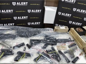 Firearms seized in a Edmonton ALERT investigation that began in September 2016 and resulted in 107 charges being laid against five people.