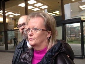 Helen Yarmey speaks outside the Edmonton Law Courts building on Oct. 27, 2016 after her son Jordan Yarmey's first appearance on a charge of manslaughter in connection to a fatal fentanyl overdose in January 2016.