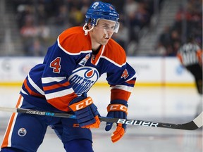 Edmonton's Kris Russell (4) skates during the Edmonton Oilers' NHL pre-season hockey game against the Vancouver Canucks at Rogers Place in Edmonton, Alta., on Saturday, Oct. 8, 2016.