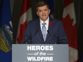 Wildrose Leader Brian Jean (MLA for Fort McMurray - Conklin) takes part in a ceremony to recognize the heroes of the Fort McMurray wildfire at the Alberta legislature in Edmonton on Monday, Oct. 31, 2016.