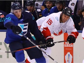 Leon Draisaitl #29 of Team Europe gets tied up with Ryan Getzlaf #15 of Team Canada during the first period during Game Two of the World Cup of Hockey final series at the Air Canada Centre on September 29, 2016 in Toronto.