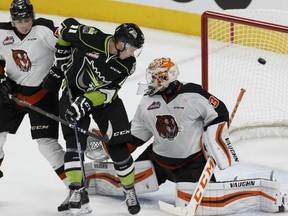 Edmonton's Lane Bauer shot beats Medicine Hat goaltender Nick Schneider during the first period of a WHL game between the Edmonton Oil Kings and the Medicine Hat Tigers at Rogers Place  in Edmonton, Alberta on Saturday, October 29, 2016. The Oil Kings begin a three-game road trip Wednesday against the Swift Current Broncos.
