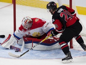 Team WHL's Mason Shaw (20) is stopped byTeam Russia's goalie Anton Krasotkin (1) during first period CIBC Canada Russia Series action at Rogers Place, in Edmonton on Tuesday Nov. 8, 2016.  Photo by David Bloom For Juris Graney news story for publication Nov. 9