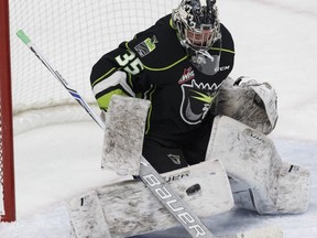 Edmonton Oil Kings goaltender Liam Hughes makes a save during the first period of a WHL game against the Medicine Hat Tigers at Rogers Place  in Edmonton, Alberta on Saturday, October 29, 2016. The Oil Kings host the Saskatoon Blades on Thursday.