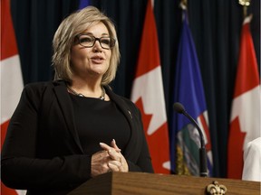 Former Progressive Conservative MLA Sandra Jansen announced alongside Premier Rachel Notley that she left the PC party and joined the Alberta New Democratic Party during a news conference at the Alberta Legislature on Nov. 17, 2016.