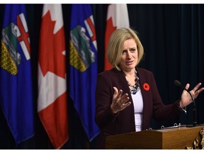 Alberta Premier Rachel Notley spoke to reporters at the legislature in Edmonton on Nov. 9, 2016, to — among other things — offer congratulations to U.S. president-elect Donald Trump.