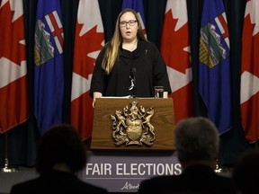 Alberta's Minister For Democratic Renewal, Christina Gray, announces proposed changes to The Election Finances and Contributions Disclosure Act during a press conference at the Alberta Legislature in Edmonton, Alberta on Monday, November 28, 2016.