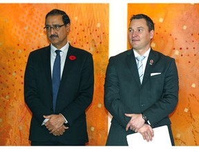 Amarjeet Sohi, Federal Minister of Infrastructure and Communities (left) and Deron Bilous, Alberta Minister of Economic Development and Trade announced funding for an investment attraction program for Edmonton on Thursday November 10, 2016.