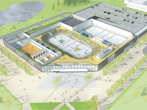 An illustration of the proposed twin arena and high performance sports centre on the University of Alberta's south campus. The new plan and Edmonton's $20-million contribution were debated at community services committee Monday, Nov. 21, 2016.