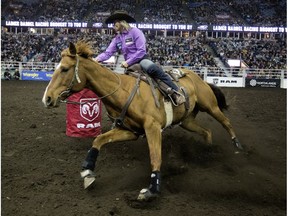 Nancy Csabay takes part in the first go-round of Ladies Barrel Racing at the Canadian Finals Rodeo at Northlands Coliseum, in Edmonton on Wednesday Nov. 9, 2016.