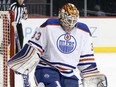 Edmonton Oilers goalie Cam Talbot (33) makes a save in the second period of an NHL hockey game against the New York Islanders in New York, Sunday, Feb. 7, 2016.
