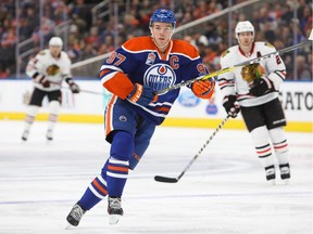 Connor McDavid of the Edmonton Oilers skates against the Chicago Blackhawks on November 21, 2016 at Rogers Place in Edmonton.