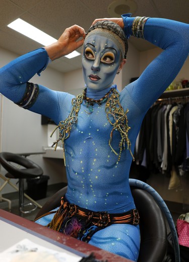 Cirque du Soleil performer Jessica Ward puts on her makeup and costume in Edmonton on Tuesday November 29, 2016, where she was on a media tour for the upcoming production of Toruk-The First Flight, a new show by Cirque du Soleil inspired by James Cameron's movie Avatar. Cirque du Soleil is a Canadian entertainment company and largest theatrical producer in the world. (Photo by Larry Wong/Postmedia)
