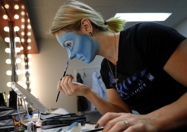 Cirque du Soleil performer Jessica Ward puts on her makeup in Edmonton on Tuesday November 29, 2016, where she was on a media tour for the upcoming production of Toruk-The First Flight, a new show by Cirque du Soleil inspired by James Cameron's movie Avatar. Cirque du Soleil is a Canadian entertainment company and largest theatrical producer in the world. (Photo by Larry Wong/Postmedia)