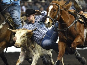 Derek Frank from Stony Plain in the steer wrestling competition during the matinee of the Canadian Finals Rodeo at Northlands Coliseum in Edmonton, Saturday, November 12, 2016.