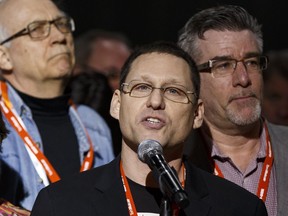 Avi Lewis speaks in support of the Leap Manifesto during the Edmonton 2016 NDP national convention at Shaw Conference Centre in Edmonton, Alta., on Sunday April 10, 2016.