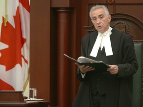 Speaker Robert Wanner, pictured speaking in the Alberta legislature in 2015, ruled on Nov. 1, 2016 that the government had stomped on the privilege of the assembly by airing radio ads during the summer on the province’s Climate Leadership Act — before the act had been passed by the legislature.