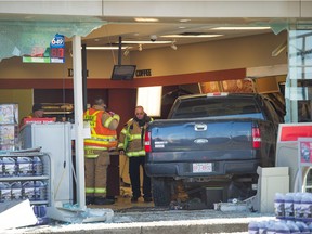 Two trapped employees had multiple injuries, including broken legs, and needed surgery and extensive treatment after this F-150 pickup was driven by Steven Cloutier through the front of a convenience store at the PetroCanada on 97 Street and 118 Avenue on Nov. 18, 2015, court heard Monday.