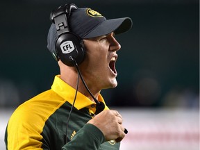 Edmonton Eskimos head coach Jason Maas yells out instructions against the Montreal Alouettes during CFL action at Commonwealth Stadium in Edmonton Friday, August 11, 2016.  Ed Kaiser/Edmonton Journal/Postmedia (Edmonton Journal story) Photos for stories, columns off Eskimos game appearing in Friday, Aug. 12 edition.