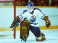 Edmonton Oilers goalie Andy Moog in action at Northlands Coliseum during the 1982-83 NHL season.