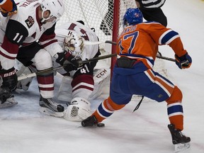 Edmonton Oilers Connor McDavid (97) can't get the puck past Arizona Coyotes Mike Smith (41) during third period NHL action on Sunday, November 27, 2016 in Edmonton.  Greg  Southam / Postmedia  () Photos off Oilers game for multiple writers copy in Nov. 28 editions.