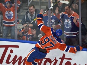 Edmonton Oilers Connor McDavid (97) celebrates his goal against the Toronto Maple Leafs during NHL action on Nov. 29, 2016, at Rogers Place in Edmonton.