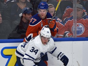 Edmonton Oilers Connor McDavid (97) Toronto Maple Leafs Auston Matthews (34)  during first period NHL action at Rogers Place in Edmonton, Wednesday, November 29, 2016. Ed Kaiser/Postmedia (Edmonton Journal story by Jim Matheson) Photos off Oilers game for multiple writers copy in Nov. 30 editions.