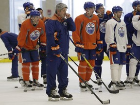Edmonton Oilers head coach Todd McLellan (front) at team practice in Edmonton on Wednesday November 30, 2016, the day after his team lost a home game to the Toronto Maple Leafs.