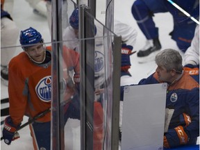 Edmonton Oilers head coach Todd McLellan talks to his team during practice on Saturday, November 26, 2016 in Edmonton.