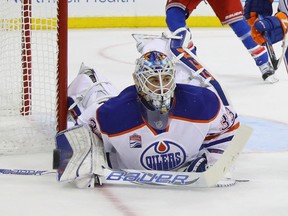 Cam Talbot #33 of the Edmonton Oilers tends net against the New York Rangers at Madison Square Garden on November 3, 2016 in New York City.
