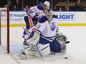 Edmonton Oilers goalie Cam Talbot in action against the New York Rangers at Madison Square Garden on Nov. 3, 2016 in New York.