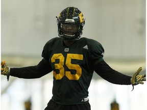 Edmonton's Donnie Baggs showboats during an Edmonton Eskimos practice in the Field House at Commonwealth Community Recreation Centre in Edmonton, Alberta on Wednesday, November 2, 2016.