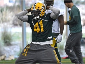 Eskimos Odell Willis putting on some dance moves at practice which was indoors at the Field House in Edmonton, Friday, November 18, 2016.