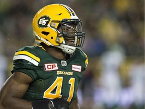 The Edmonton Eskimos' Odell Willis (41) during second half CFL action against the Saskatchewan Roughriders at Commonwealth Stadium, in Edmonton on Friday Aug. 26, 2016. Photo by David Bloom Photos for stories, columns off Eskimos game appearing in Saturday, Aug. 27 edition.